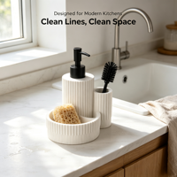Distributeur de savon écologique blanc à colonne romaine cannelée avec bouteille rechargeable et support éponge 3-en-1 pour salle de bain et cuisine