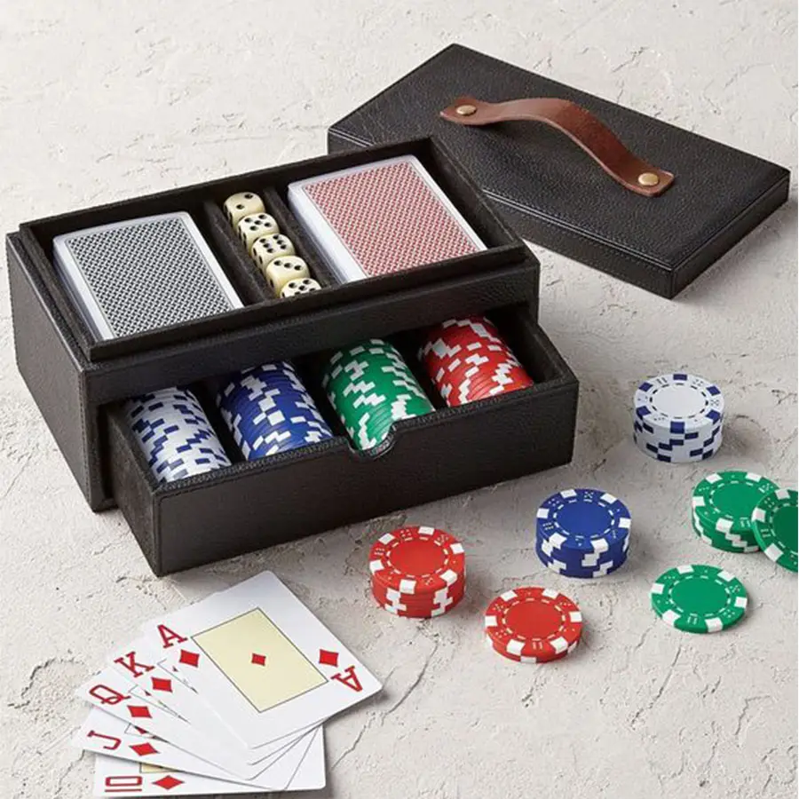 Luxury Leather 3 in 1 dice shaker And Playing Card Set blue Leather Case deck box