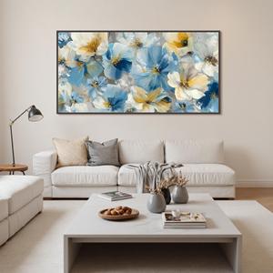 Stampa su Tela Floreale, Dipinto di Fiori Blu e Gialli, Arte Murale Floreale Astratta, Decorazione Moderna per Soggiorno, Grande Dipinto Incorniciato - Product Image 3