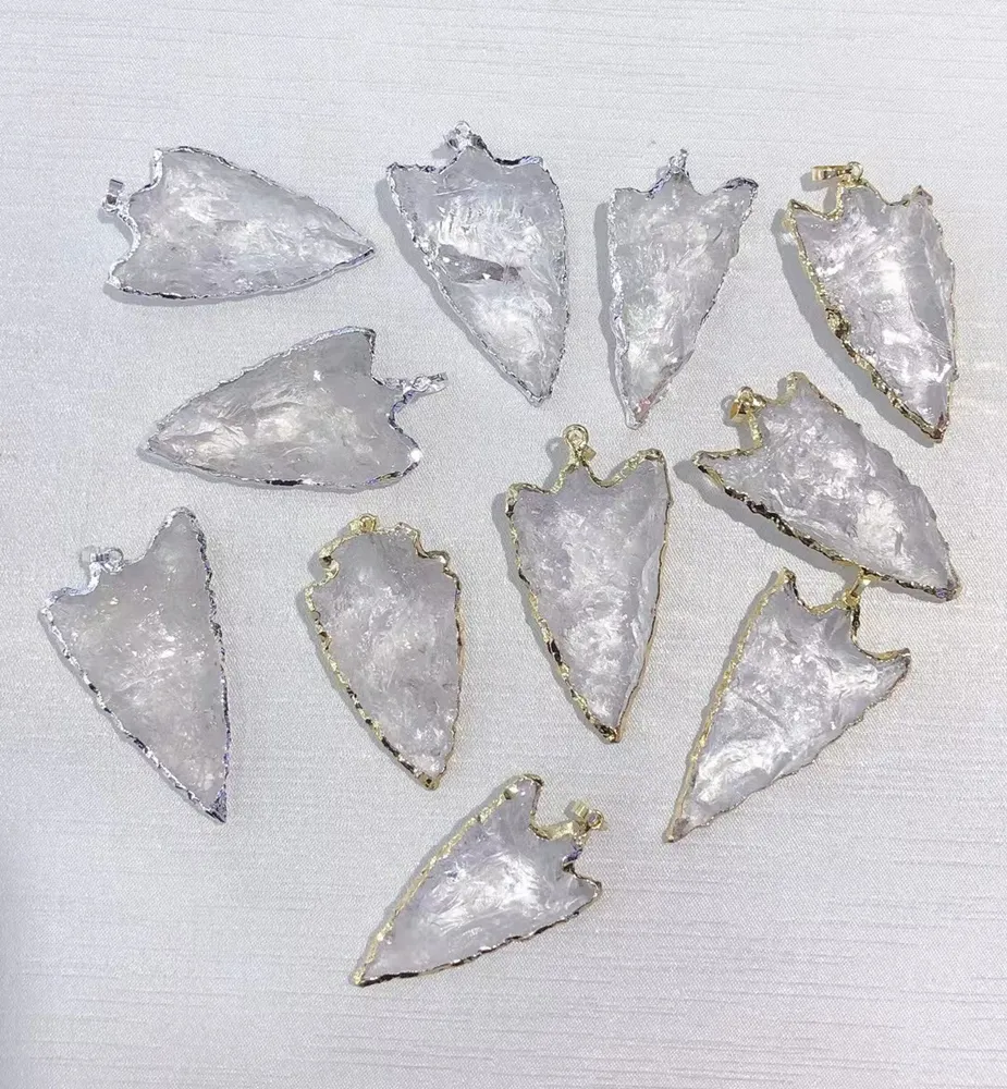 Natur kristall unregelmäßige Schnitzerei Anhänger Halskette Edelstein Schmuck Silber Gold Rand klar Quarz Pfeilspitze Edelstein Anhänger