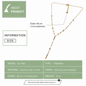 Collar de circonita en forma de Y de acero inoxidable con baño de oro de 14K al vacío, con estaciones de bisel redondo y colgante de barra, cadena ajustable de 46 cm - Product Image 2
