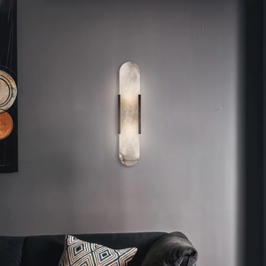 Lámpara de Pared LED de Alabastro Español con Soporte de Metal Negro y Placa de Piedra en Forma de Cápsula para Dormitorio de Hotel - Product Image 6