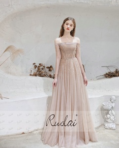 Ruolai ASA321015 ĐầM Dạ HộI Đính Kim Sa Vải Tuyn Hở Vai Trễ Vai ĐầM Dạ HộI Nữ Dạ Hội Chữ A Dài Đính Cườm - Product Image 2