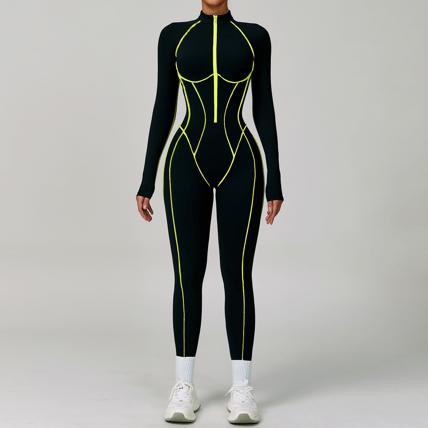 YanRuo Solid One-piece Quick-drying Spandex/Nylon Fitness Suit Breathable Lightweight V-neck Full-Length High-strength Running