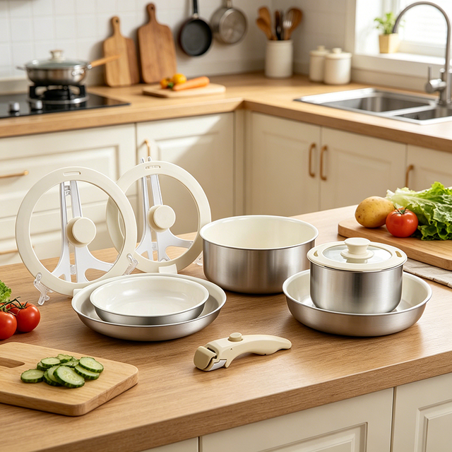 High Quality Kitchen Induction Cooking Pots and Pans Removable Handle Inner Ceramic Outer Stainless Steel Non Stick Cookware