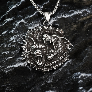 Nordic Retro Viking Double <b>Celtic</b> Wolf Stainless Steel Pendant <b>Necklace</b> For Men - Product Image 3