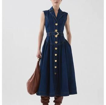 A11136 Women's Retro Casual Spring Autumn Midi-Length Washed Denim Dress with Button Decoration and Waist Vests