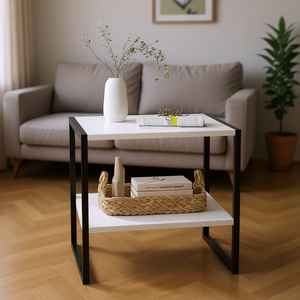 Tavolino Quadrato a 2 Ripiani Bianco e Nero in MDF, Tavolo Console Moderno per Soggiorno - Product Image 2