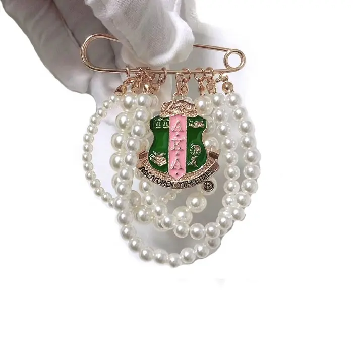 New Sorority Broach Pink And Green Stones AKA Pearls Pin Greek Letters Ladies Finer Brooch