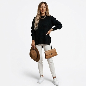 Maglione da <span class=keywords><strong>donna</strong></span> in <span class=keywords><strong>maglia</strong></span> grossa traforata color moka tinta unita, con spacco laterale, oversize, taglie forti - Product Image 4