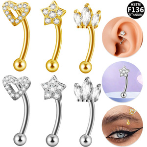 Piercing en titane plaqué pour sourcil, cœur, étoile, couronne, barbell incurvé 16G pour oreille et nez, bijoux ASTM F136 - Product Image 1