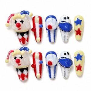 Faux ongles en verre faits main, motif clown, ensemble patriotique coloré, étoiles scintillantes, rouge, blanc, bleu, décoration de fête - Product Image 1