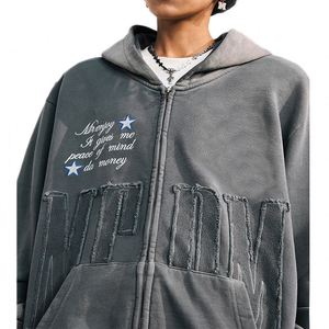 Sudadera con capucha de algodón 100% pesado personalizada para hombre, chaqueta con capucha bordada con cremallera y lavado ácido de diseñador para invierno - Product Image 2