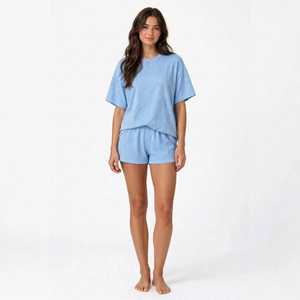 Conjunto de Top de Manga Corta y Pantalones Cortos de Punto Acanalado Azul Claro para Mujer, Ropa Casual de Verano de 2 Piezas - Product Image 1