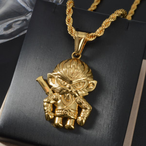 Colgante para Hombre Monkey King Sun Wukong, Personalizable con Grabado, Acero Inoxidable 316L, Chapado en Oro de 18K, Cadena Cubana Gruesa, Estilo Hip Hop - Product Image 4