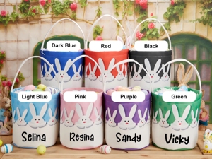 Monogram Embroidered Canvas Bunny <b>Basket</b> Personalized Name <b>Egg</b> <b>Hunt</b> Tote Bag for Kids <b>Easter</b> Treat - Product Image 1