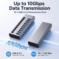10 Portlu USB 3.2 Hub Alüminyum, VL822 Çip, 10Gbps Yüksek Hız, 10x USB-A, Bireysel Anahtarlı, 12V Güç, HS070M3
