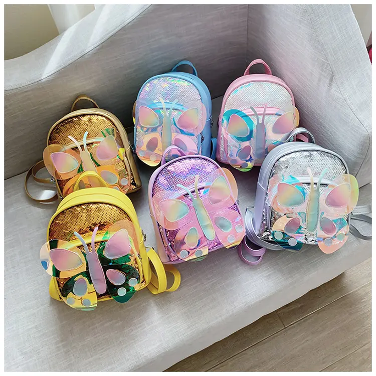 New Arrival Glitter Kindergarten Sequin Hologram Butterfly Backpack For Kids Girls