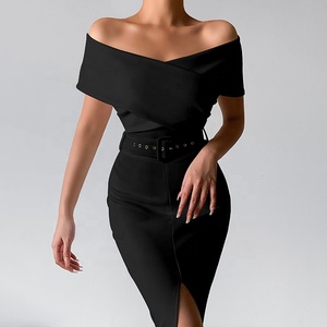 Mùa Xuân 2023 Phụ Nữ Quần Áo Phụ Nữ Sexy Tắt Vai Không Tay Buổi Tối Ăn Mặc Bodycon Belted Phụ Nữ Câu Lạc Bộ Bên Ăn Mặc - Product Image 5