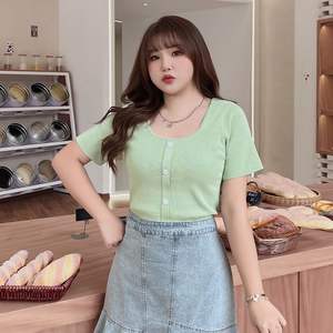 เสื้อสเวตเตอร์ถักแขนสั้นสำหรับผู้หญิงขนาดใหญ่พิเศษเสื้อ N8357ลำลองคอวีกระดุมด้านหน้าสีพื้น - Product Image 2