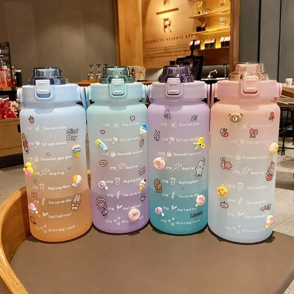 CHINA SELECTION wholesale 64 oz kawaii 3d stickers plastic 2l motivational big water bottle with straw and lid