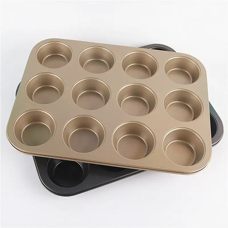 Oven muffin baking pan 12cup muffin carbon steel food grade non-stick gold muffin mold baking tray OEM factory