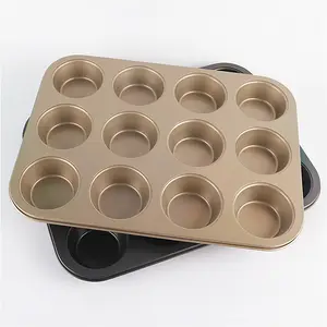 Oven Muffin Baking Pan 12cup Muffin Carbon Steel Food Grade Non-stick Gold Muffin Mold Baking Tray OEM Factory