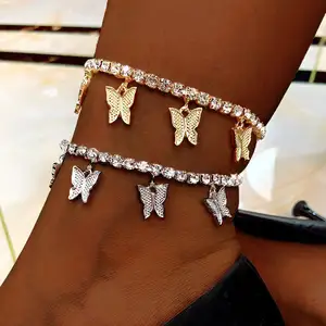 Tornozeleira de borboleta em aço inoxidável, joia feminina de cristal, pingente de diamante, borboleta, tornozeleira