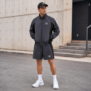 Conjunto Deportivo de 2 Piezas para <span class=keywords><strong>Hombre</strong></span>, Chaqueta Cortavientos y Pantalones Cortos, con Detalles en Nylon Transpirable, Fabricación Personalizada OEM al por Mayor - Product Image 4