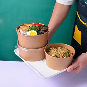Manufacturer Custom Logo OEM Disposable Brown Packaging With Lid For Noodle Rice Hot Food Salad Soup Kraft Paper Bowl
