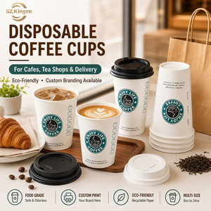 Kingze Custom Logo Printed Recyclable Eco Friendly Disposable Double Wall Paper Coffee Cup with Lids - Product Image 1
