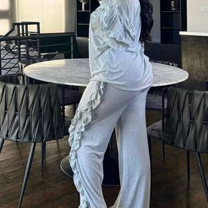 Ensemble 2 pièces pour femmes, haut à manches longues à volants confortable et décontracté et pantalon ample, tendance - Product Image 2