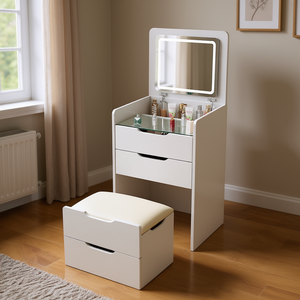Coiffeuse compacte 3-en-1 DB avec miroir relevable éclairé, petit ensemble de maquillage, design moderne, plateau en verre, mobilier de chambre - Product Image 2