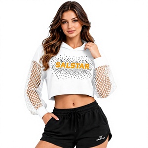 SALSTAR Sweat-shirt court à capuche pour femme, blanc, à manches lanternes en maille, décontracté, d'été, respirant, tricoté - Product Image 1