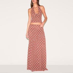 Nouvelle Arrivée Automne Style Y2K Ensemble Deux Pièces Femme 100% Coton Haut Sexy Décolleté Plongeant Jupe Droite Taille Basse Tenue Décontractée à Pois - Product Image 1