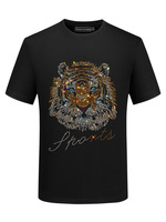T-shirt tendance pour homme, noir, avec tête de lion en strass, manches courtes, col rond, jersey décontracté, design sportif