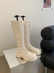 Botas de montar de lujo de alta gama para mujer, estilo western, con cordones, parte superior de microfibra, tacón de cuña grueso, antideslizantes y elegantes. - Product Image 1