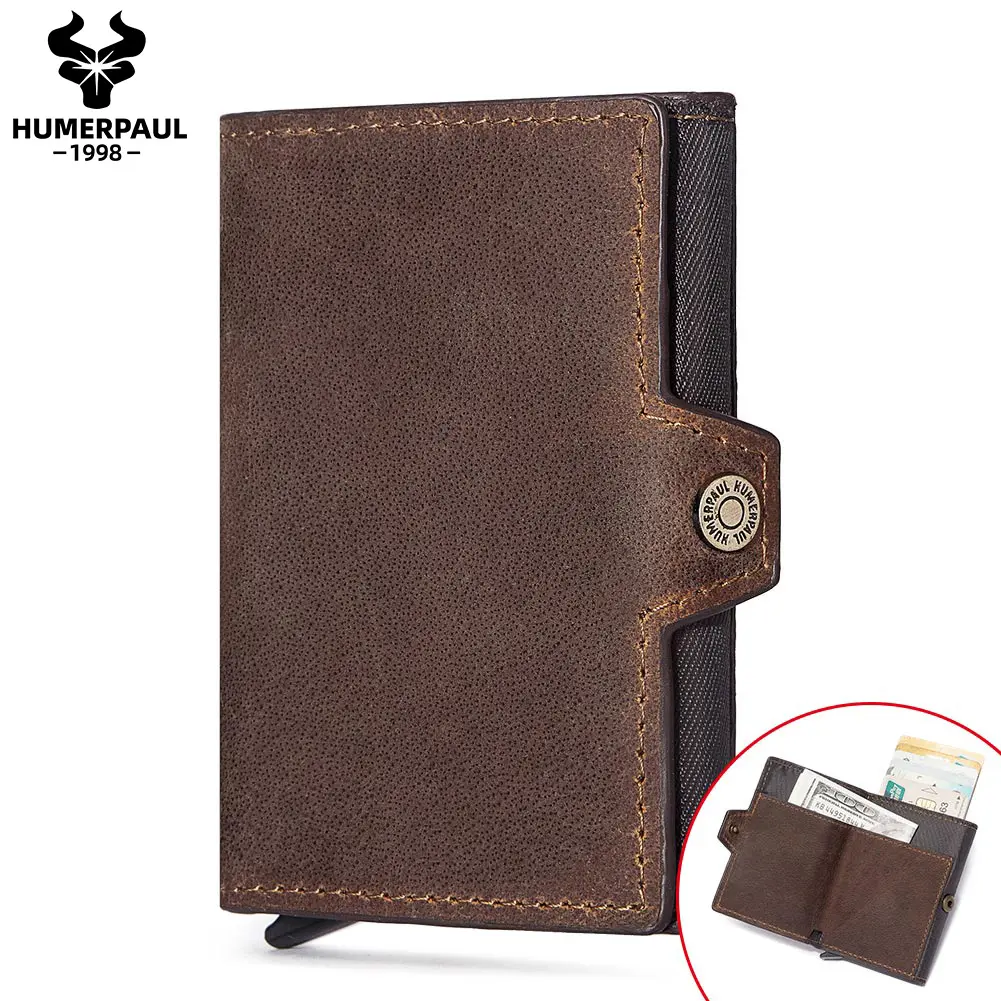 HUMERPAUL wholesale RFID Blocking pop up small wallet leather card case unisex crazy horse leather leather card holder genuine