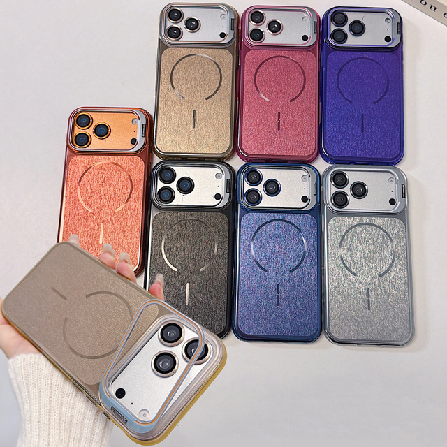 Metal Wire Drawing Folding Camera Frame Kickstand Magnetic Case for iPhone 11 12 13 14 15 16 17 Pro Max Wireless Charging Cover