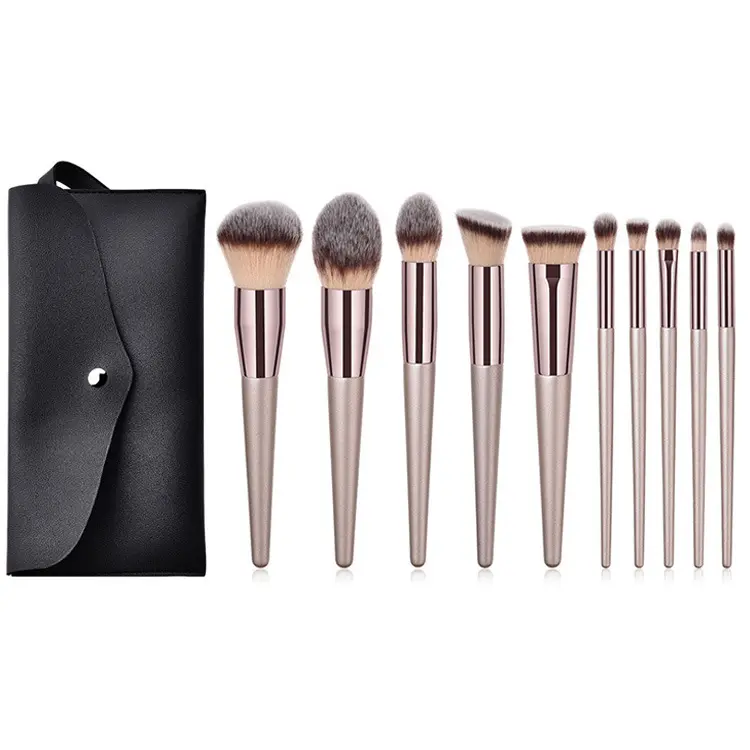 brochas maquillaje amazon 2021 top sell bs mall light grey color 10pc private label brown nude Champagne makeup brush set