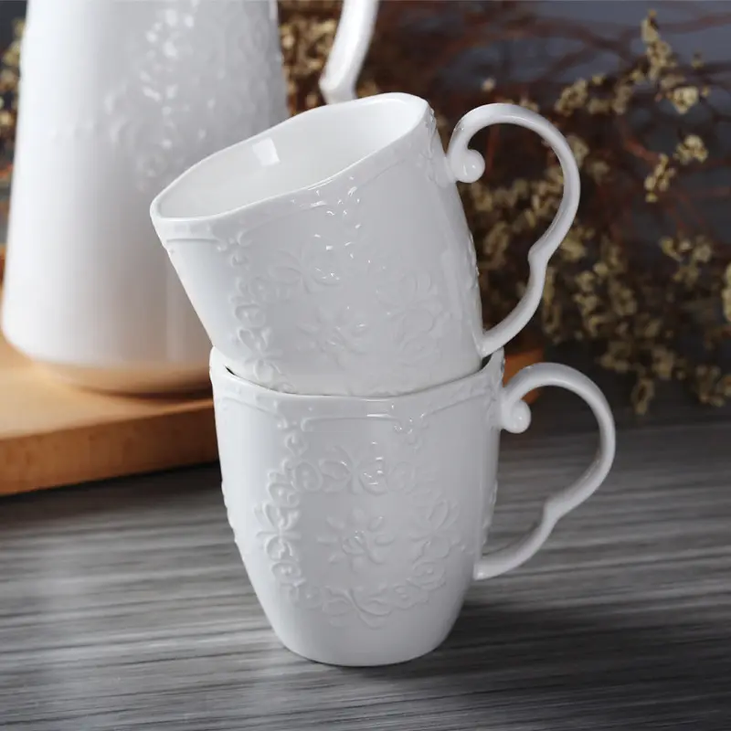 Custom Pure White Ceramic Cup Handmade Tea Mug European Style Embossed Butterfly Bone China Coffee Mugs