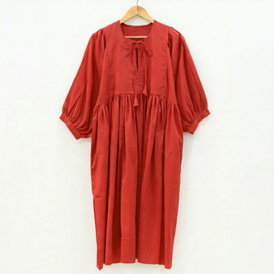 Elegant Coral Red Cotton Plain Maxi <b>Dress</b> With Tie Neck Puff Sleeve <b>Loose</b> Fit Women's Casual Summer <b>Dress</b> - Product Image 1