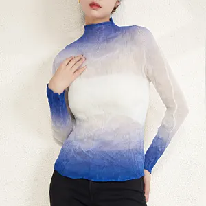 Miyake Top pieghettato camicia in Chiffon moda donna t-Shirt manica lunga colore sfumato camicetta pieghettata trasparente stile Casual