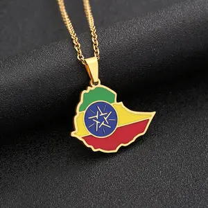 Üretici emaye paslanmaz çelik gümüş 18K altın kaplama bileklik kolye emaye etiyopya bayrağı harita kolye kolye