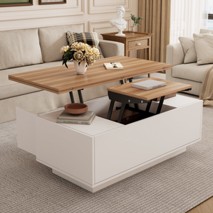 सफेद लकड़ी के पार्टिपलबोर्ड छिपे हुए भंडारण और 2 उठाने वाले प्लेटफार्मों के साथ कॉफी टेबल को उठाएं - Product Image 6