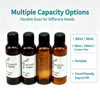 Bouteille en plastique PET ambre, mini bouteille cosmétique de voyage, bouteille d'échantillon de shampoing et de lotion pour hôtel, impression de logo personnalisée, parfum personnalisé