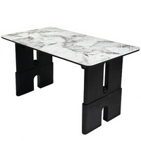 Table à manger rectangulaire en verre de luxe moderne, motif marbre imprimé en 3D, pieds en bois massif, pour la maison, la cuisine, l'hôtel, le restaurant