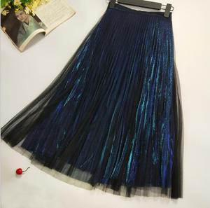 Ecowalson Fashion Vintage <strong>Silver</strong> Metal Casual Midi <strong>Skirt</strong> Elastic High Waist Long Pleated Mesh <strong>Skirts</strong> for Women - Product Image 5