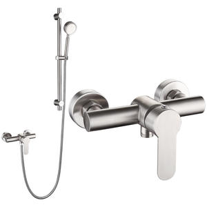 Juego de ducha de acero inoxidable con 2 manijas, válvula de cerámica, rociador de lluvia, cabezal de ducha portátil de forma redonda con acabado cepillado. - Product Image 2