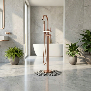 Robinet de baignoire thermostatique autoportant <span class=keywords><strong>AMAXO</strong></span> à double poignée en laiton, finition or rose brossé, haute pression, certifié CE SASO UPC - Product Image 2